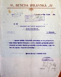 Jihlava, Beseda jihlavská, přihláška za přispívajícího člena Klicpery, 1924