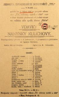 Plzeň, JDO Tyl (dříve Baráčníci českoslovanští), Vdavky Nanynky Kulichovy – plakát, 1924