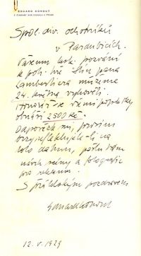 Kohout Eduard, dopis ochotníkům, 1929