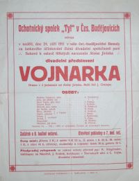 České Budějovice, Tyl, čtenářsko-ochotnický spolek, Vojnarka – plakát, 1911