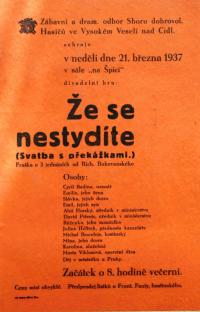 Vysoké Veselí, Hasiči, Že se nestydíte - plakát, 1937