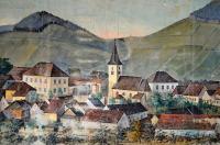 Budětice, Spolek divadelních ochotníků, opona Veduta obce, autor Kobza, 190x