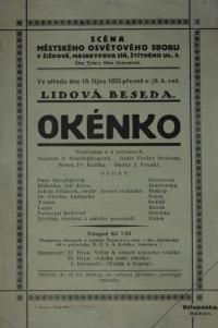 Praha-Žižkov, Scéna Městského osvětového sboru, Okénko - plakát, 1933