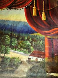 Košátky, detail opony, veduta obce, asi 1900