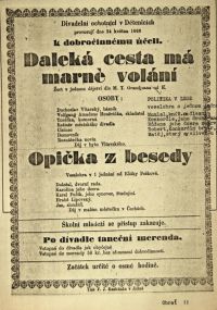 Dětenice, Divadelní ochotníci, Daleká cesta má, marné volání - Opička z besedy - kopie plakátu, 1868