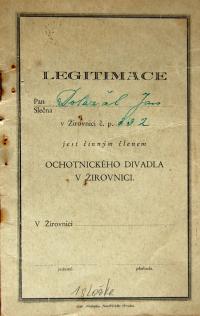 Žirovnice, Ochotnické divadlo, legitimace člena se stanovami, 1939