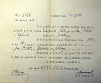 Jihlava, okrsek Hany Kvapilové, oznámení o přijetí za člena ÚMDOČ Sokol Brtnice, 1926