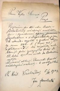 Štein-Táborský, Vojta, dopis malíře Flanderky o oponě pro Bohušovice, 1904