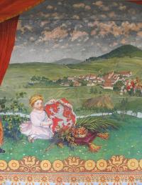 Strunkovice nad Volyňkou, detail opony divadelních ochotníků, autor Maxmilián Boháč, 1909-1920