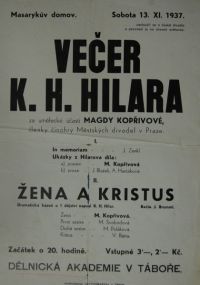 Tábor, Dělnická akademie, Večer K. H. Hilara, Žena a Kristus – plakát, 1937