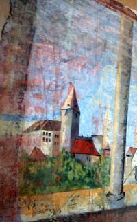 Chlum, prospekt Pražský hrad na rubu opony Oldřich a Božena, 6. detail před restaurováním, 2012