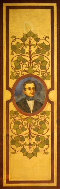 Lovčice, sál hostince U Horáčků, detail opony dle Liebschera, a.malíř Knížek z Nového Bydžova, Kde domov můj, po straně Tyl, 192x