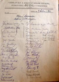 Němčice, SDO Budil, listina přítomných na valné hromadě, 1943