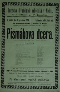 Praha-Michle, Družstvo divadelních ochotníků, Písmákova dcera - plakát, 1904