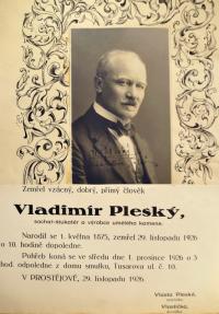 Prostějov, Tyl, režisér Vladimír Pleský, úmrtní oznámení, 1926