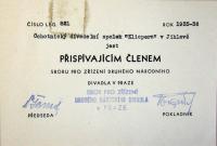 Jihlava, Klicpera, korespondence spolku, legitimace člena Sboru pro zřízení Druhého Národního divadla, 1935