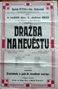 Horní Stakory, Beseda, Dražba na nevěstu (V. Stěžerský) - plakát, 1933