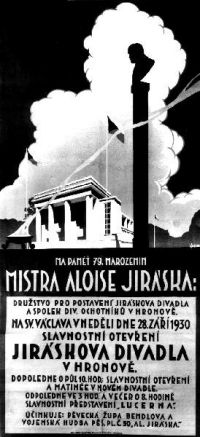 Hronov: Plakát k otevření Jiráskova divadla představením Jiráskovy hry Lucerna 28. září 1930, J. Gabriel, barevná litografie