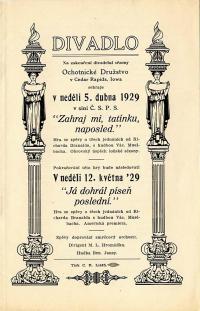 Cedar Rapids, Ochotnické družstvo, Zahraj mi, tatínku, naposled - Já dohrál píseň poslední - program, 1929