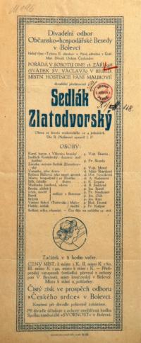 Bolevec, Občansko-hospodářská beseda, Sedlák Zlatodvorský – plakát, 1918