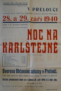 Přelouč, Besední ochotnické divadlo, Noc na Karlštejně - plakát, 1940