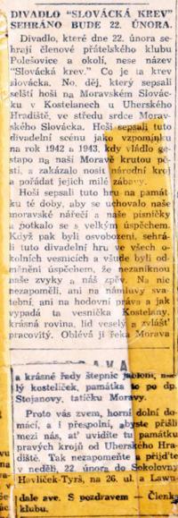 Kostelany nad Moravou, Čtenářský spolek, Slovácká krev - program, 1948