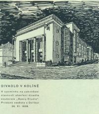 Kolín, divadlo, kresba Freiwald, 1939