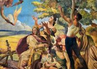 Kounov, sokolovna, detail opony, alegorie sokolského hnutí, Oskar Brázda, 1937