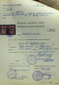 Jihlava, Okresní úřad Jihlava, žádost o povolení divadelního představení, 1946