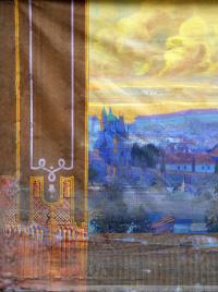 Hostomice, opona, Karlův most a pohled na Hradčany, detail opony