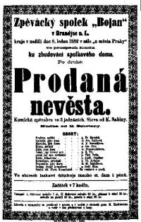 Brandýs nad Labem, Bojan, Prodaná nevěsta - plakát, 1882