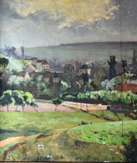 Sazená, veduta obce, autor František Slabý, detail opony, 1908