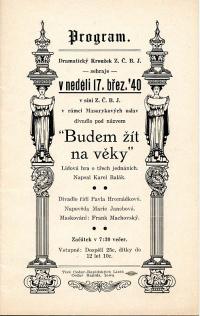 Cedar Rapids, Dramatický kroužek Z.Č.B.J., Budem žít na věky - program, 1940