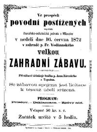 Milevsko, Čtenářsko-ochotnická jednota, Velká zahradní zábava, plakát, 1872