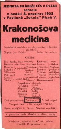 Plzeň, Jednota mládeže při Církvi československé, Krakonošova medicína – plakát, 1935