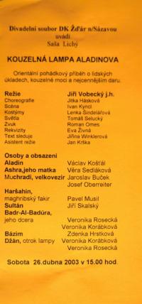 Žďár nad Sázavou, DK, Kouzelná lampa Aladinova - program, Divadelní Přibyslav 2003