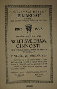 Praha-Staré Město, Vzdělávací beseda Bujarost, 30 let činnosti souboru - plakát, 1923