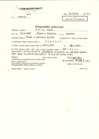 Pepa Máca, Propouštěcí povrzení z nucených prací, 1951