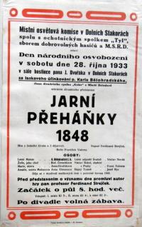 Dolní Stakory, Tyl, Jarní přeháňky 1848, (Ferdinand Strejček),  plakát, 1933