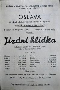 Prostějov, PAMÁTNÍK o div. činnosti J. Zlámala, Jednota čsl. Legionářů, Jízdní hlídka - plakát, 1935