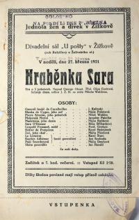 Praha-Žižkov, Jednota žen a dívek, Hraběnka Sara - plakát, 1921