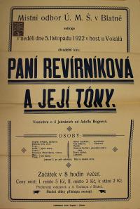 Blatno, ÚMŠ, Paní revírníková a její Tomy - plakát, 1922