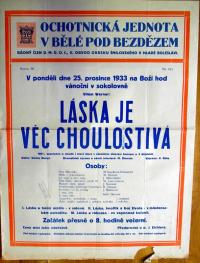 Bělá pod Bezdězem, Ochotnická jednota, Láska je věc choulostivá - plakát, 1933