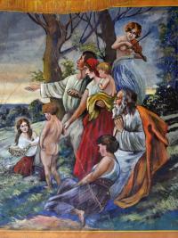 Oldřiš, Orlovna, opona příchod Čechů, nápis Kde domov můj, autor Jan Herynek, detail opony, 1929