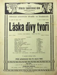 Praha-Strašnice, Dělnické ochotnické divadlo, Láska divy tvoř - plakát, 1927