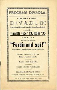 Cedar Rapids, Západní Česko-Bratrská Jednota, Ferdinand spí - program, 1935