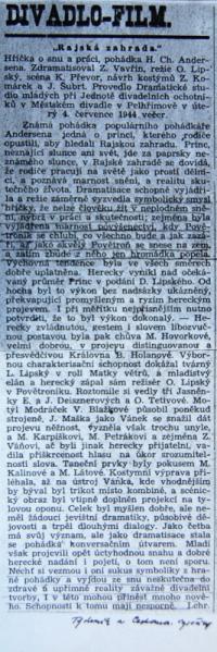 Pelhřimov, Dramatické studio mladých, Rajská zahrada, novinový článek, 1944