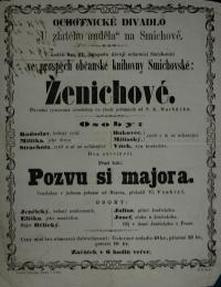 Praha-Smíchov, Ochotnické divadlo U zlatého anděla, Ženichové, Pozvu si majora - plakát, 1864