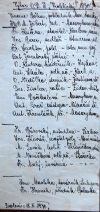 Třebíč, Vrchlický, složení výboru spolku, 1930