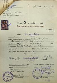 Jihlava, Okresní úřad Jihlava, žádost o povolení divadelního představení, 1947